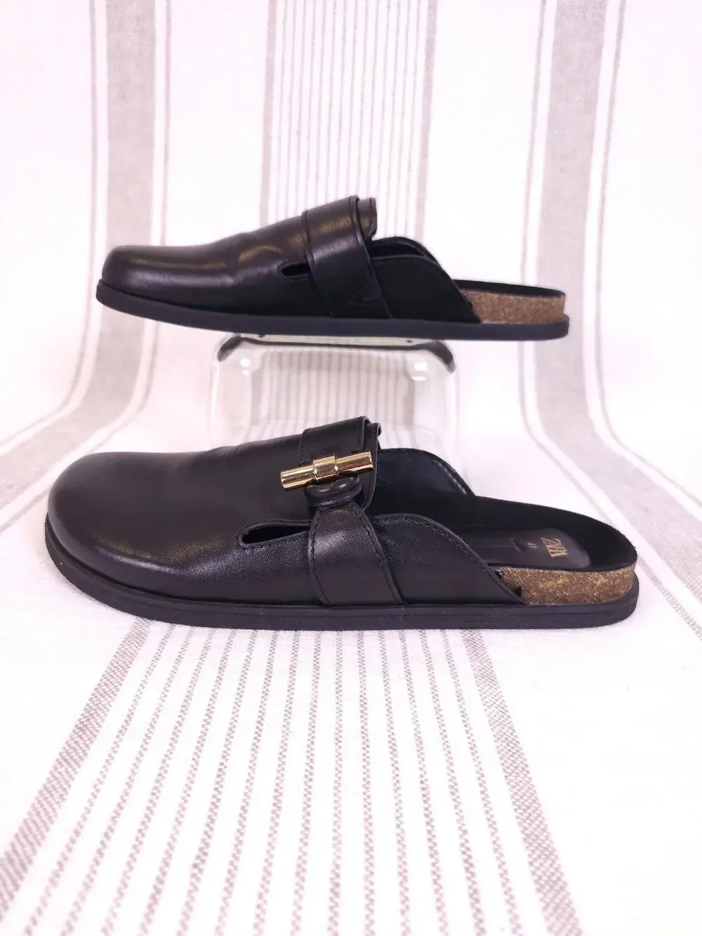 Zara Shoes Womens 10 Black Clogs Vegan Leather Mules Slide Cork Gold Toggle